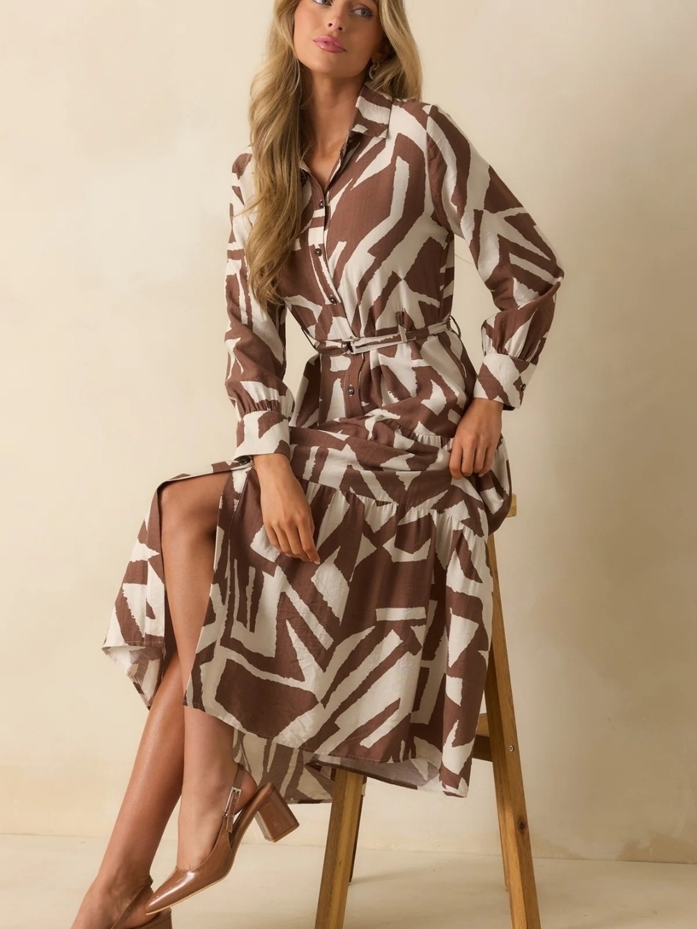 Dress Forum Brown Abstract Print Maxi Shirt Dress NWOT L